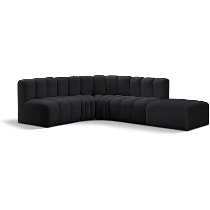 Meridian Furniture 103Black-S5C Arc Collection Modern | Contemporary Modular Sofa with Soft Black Velvet, Deep Channel Tufting, Modular Design, 127" W x 61" D x 30" H, Black