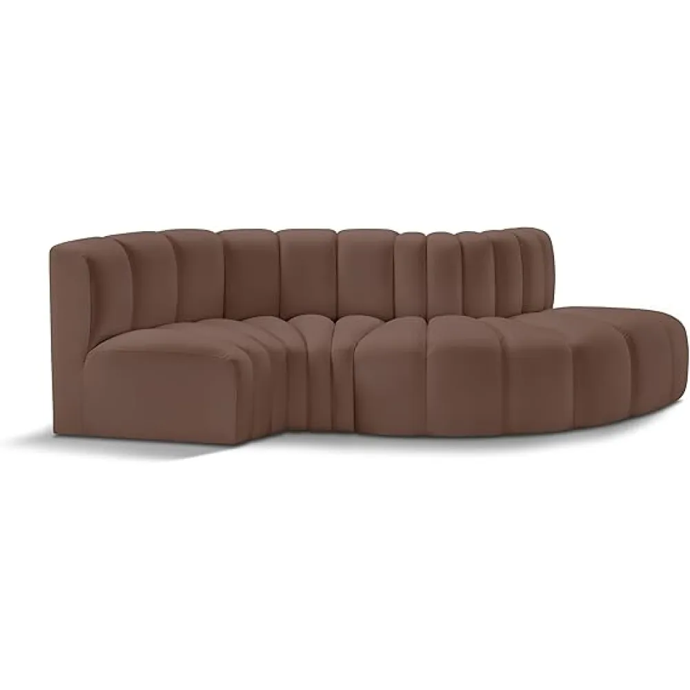 Meridian Furniture 101Brown-S4D Arc Collection Modern | Contemporary Modular Sofa with Soft Brown Vegan Leather, Deep Channel Tufting, Modular Design, 104" W x 37" D x 30" H, Brown