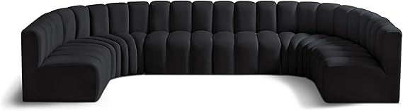 Meridian Furniture 103Black-S8A Arc Collection Modern | Contemporary Modular Sofa with Soft Black Velvet, Deep Channel Tufting, Modular Design, 150" W x 72" D x 30" H, Black