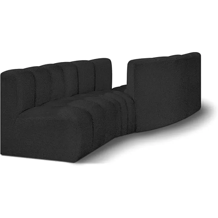 Meridian Furniture 102Black-S4A Arc Collection Modern | Contemporary Modular Sofa with Rich Black Boucle Fabric, Deep Channel Tufting, Modular Design, 108" W x 47" D x 30" H, Black