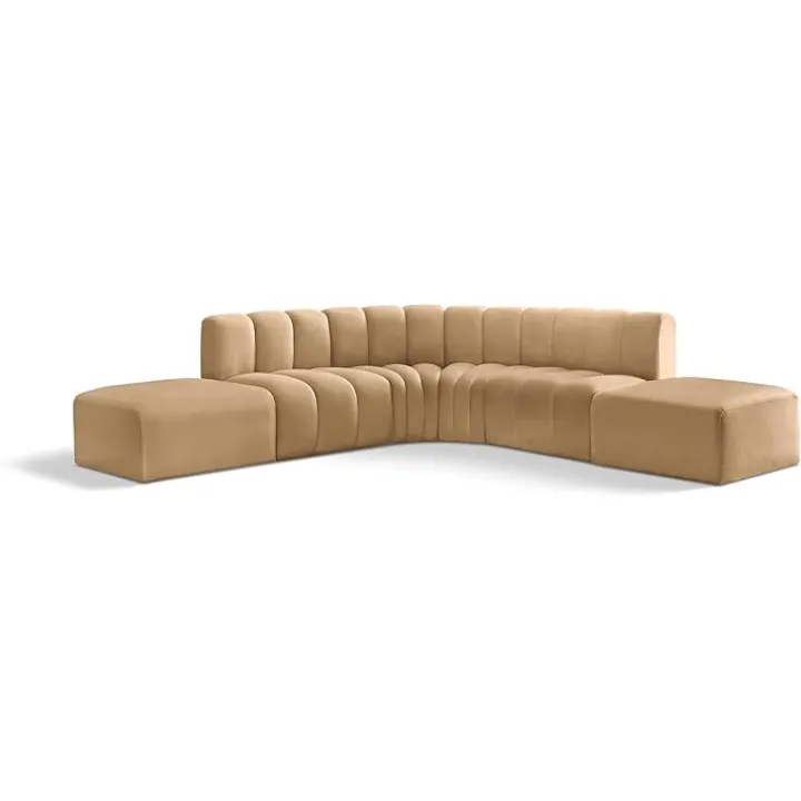 Meridian Furniture 103Camel-S6C Arc Collection Modern | Contemporary Modular Sofa with Soft Camel Velvet, Deep Channel Tufting, Modular Design, 146" W x 76" D x 30" H, Camel