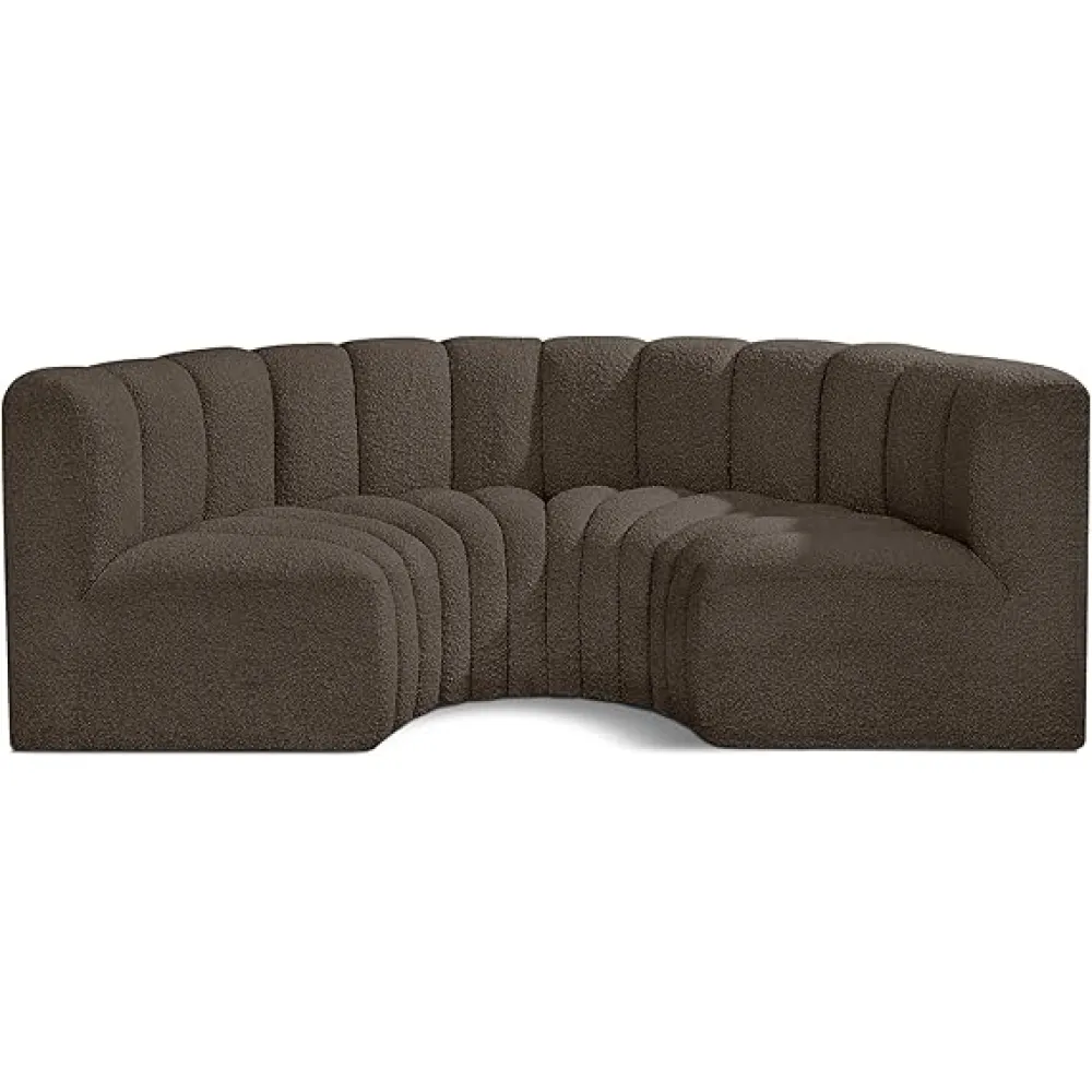 Meridian Furniture 102Brown-S4C Arc Collection Modern | Contemporary Modular Sofa with Rich Brown Boucle Fabric, Deep Channel Tufting, Modular Design, 88" W x 43" D x 30" H, Brown
