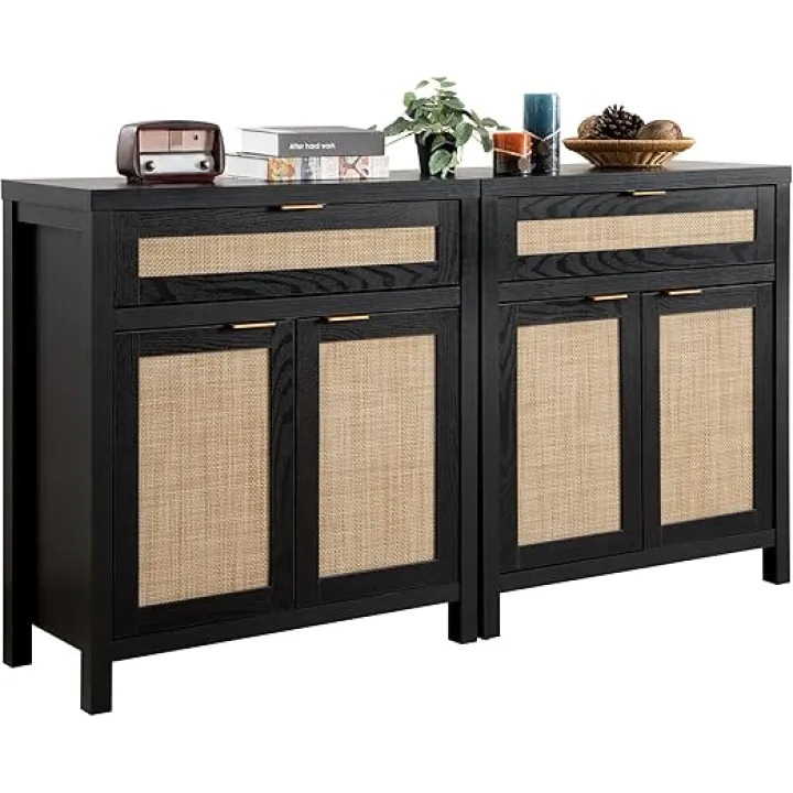SICOTAS Sideboard Buffet Storage Cabinet, Rattan Accent Cabinet with Doors and Drawer, Modern Credenzas Buffet Table Console Coffee Bar Cabinets for Entryway Living Room, Black