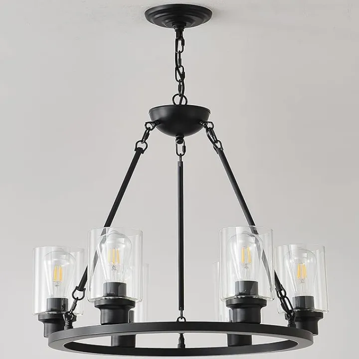 6-Light Black Wagon Wheel Chandelier, Modern Farmhouse Glass Lighting Fixture 24“ Round Industrial Hanging Pendant Light for Living Room, Dining Room, Kitchen Island, Entryway, Foyer