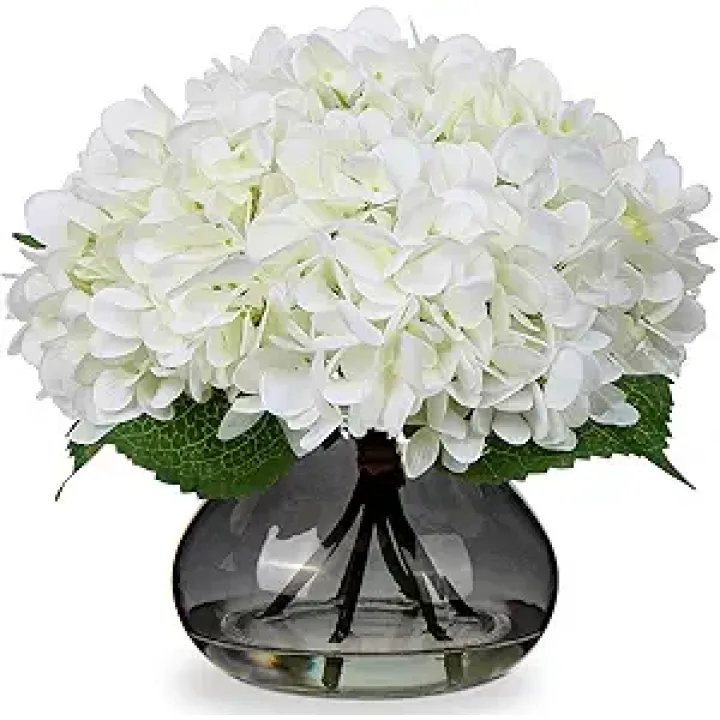 Hollyone Hydrangea Artificial Flowers with Glass Vase White Silk Faux Flowers Arrangements with Faux Water Fake Floral Bulk Bouquet for Home Decor Table Centerpiece Decorations