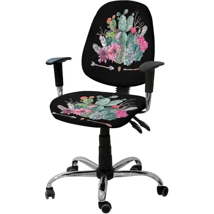 Office Chair Cover, Tropical Cactus Arrow Watercolor Black Universal Rotating Chair Slipcover Protective & Stretchable Chair Seat Cover for Desk Computer Chair