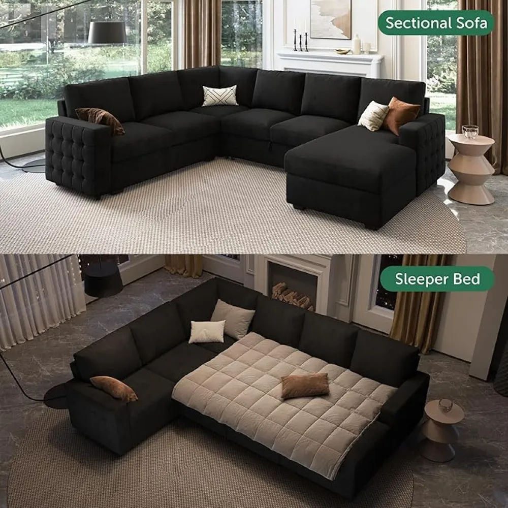 HONBAY Sectional Couch with Pull Out Bed, Sectional Sleeper Sofa with Storage, U Shape Sectional Couches for Living Room,Velvet Black