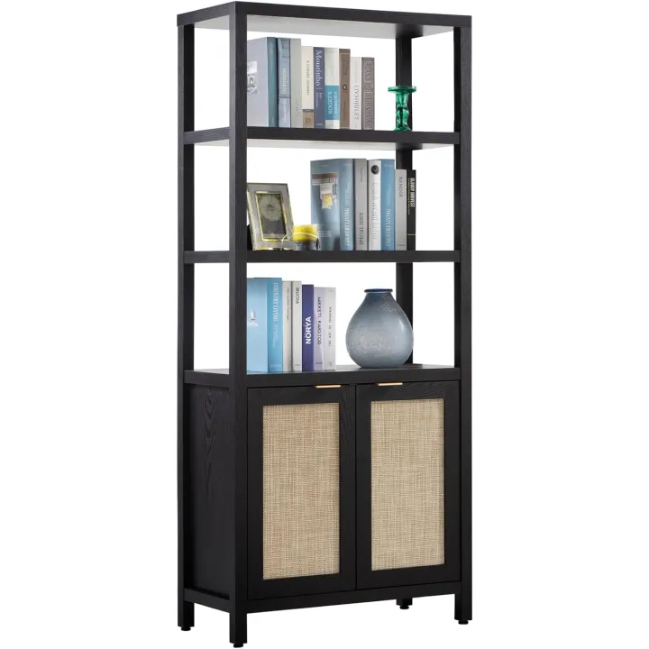SICOTAS Bookshelf 5 Tier Book Shelf Rattan Boho 71" Tall Bookcase with Doors Storage Shelves Large Bookshelves Farmhouse Bookcases Library Book Case for Living Room Bedroom Home Office Kitchen