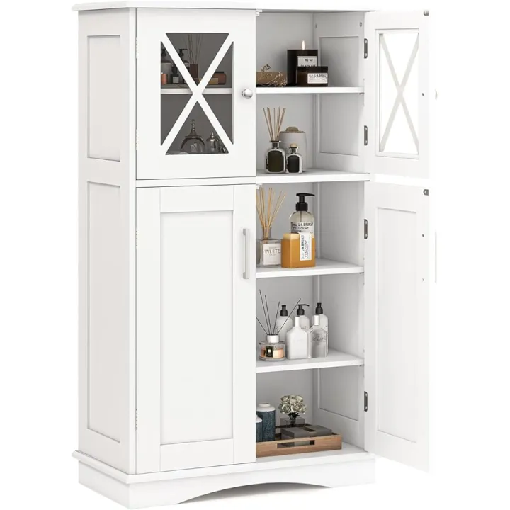 Tangkula Freestanding Floor Cabinet w/2 Glass Doors, 3-Level Adjustable Shelves, Anti-toppling, Kitchen Pantry Cupboard for Bathroom & Living Room (White)