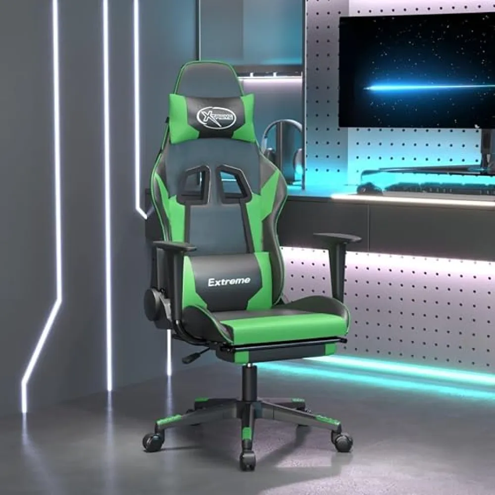 Gaming Chair,High Back Adjustable Swivel Task Chair, Swivel Office Chair with Headrest and Lumbar Support Suitable for Office with Footrest Black and Green Faux Leather