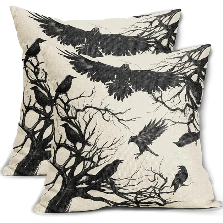 Halloween Pillow Covers 18x18 Set of 2 Scary Crow Tree Branch Black Print Throw Pillows Halloween Outdoor Holiday Decorative Pillow Case Square Linen Cushion Covers Rustic Decor for Couch Sofa Bed