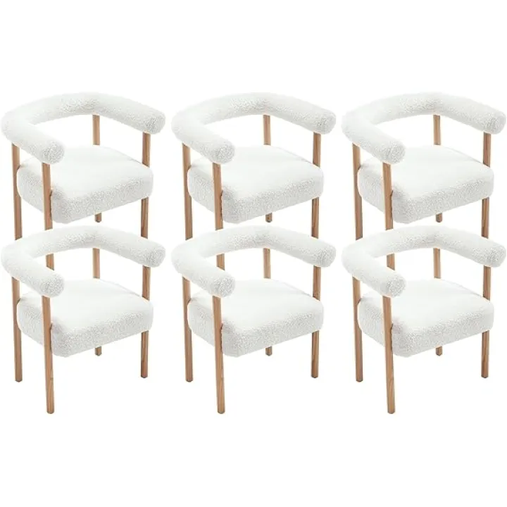 VESCASA Upholstered Dining Chairs with Natural Wood Legs, Sherpa Fleece Mid-Century Modern Dining Chairs with Curve Padded Open Back for Dining Room, Kitchen, Set of 6, White