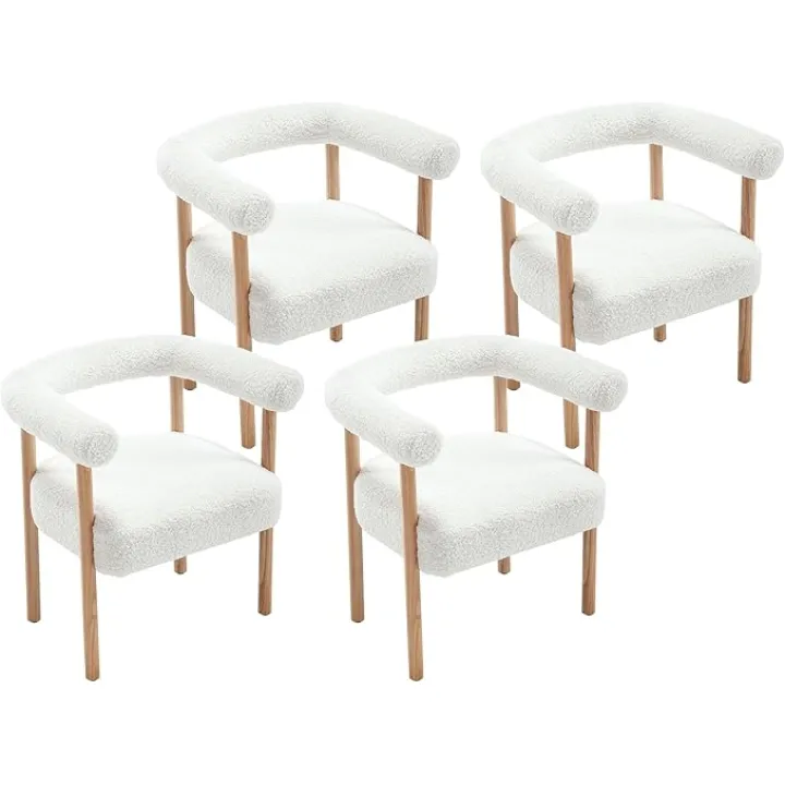 VESCASA Upholstered Dining Chairs with Natural Wood Legs, Sherpa Fleece Mid-Century Modern Dining Chairs with Curve Padded Open Back for Dining Room, Kitchen, Set of 4, White