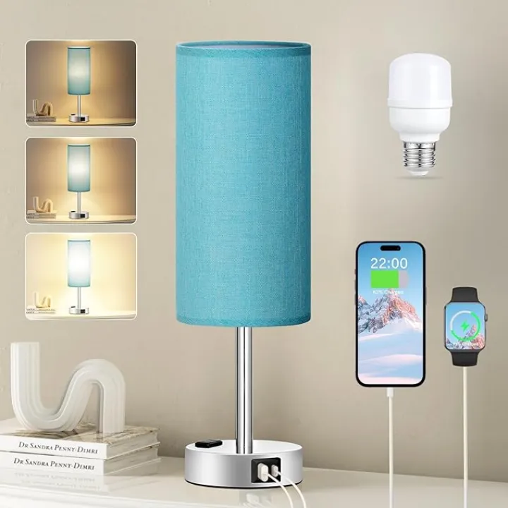 Turquoise Nightstand Table Lamp for Bedroom - 3 Way Dimmable Touch Lamp USB A and C Charging Ports and AC Outlet, Small Lamp for Office Desk with Metal Base, LED Bulb Included