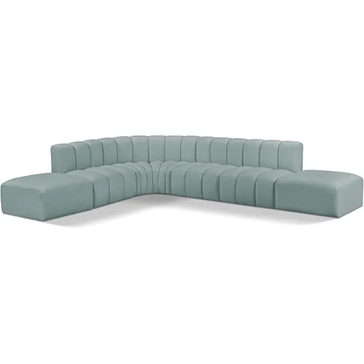 Meridian Furniture 101Mint-S7A Arc Collection Modern | Contemporary Modular Sofa with Soft Mint Green Vegan Leather, Deep Channel Tufting, Modular, 172" W x 82" D x 30" H, Mint