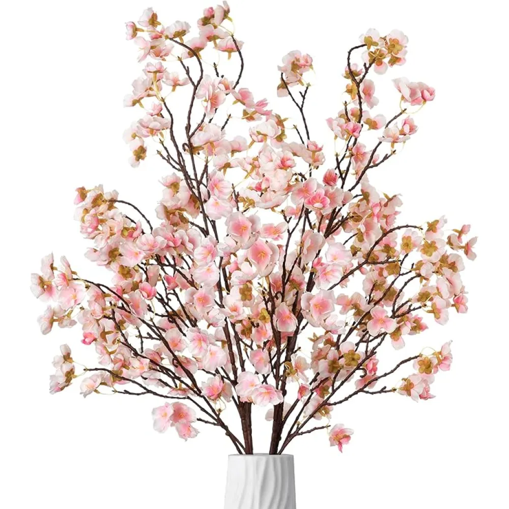 4 Pcs Artificial Cherry Blossom Flower Branches, Bulk Silk Faux Flowers Real Touch Bouquet for Home Wedding Party Centerpieces Spring Summer Decor, Vase Not Included(Champagne)
