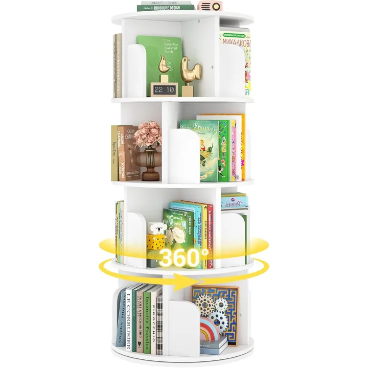 Rotating Bookshelf, Wood Corner Bookshelf, 360 Display Spinning Bookcase Storage Rack, 4 Tier Floor Standing Revolving Bookcase Narrow Book Shelf Organizer for Small Space, Bedroom, White