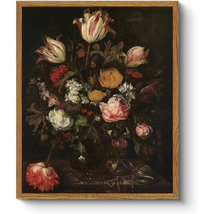 ARPEOTCY Vintage Framed Floral Wall Art Decor, Bathroom Dark Flower Bouquet Retro Wall Decor, Canvas Prints Art, Bedroom Roses and Tulips Paintings Farmhouse Moody Home Decoration, 9x11 Inch