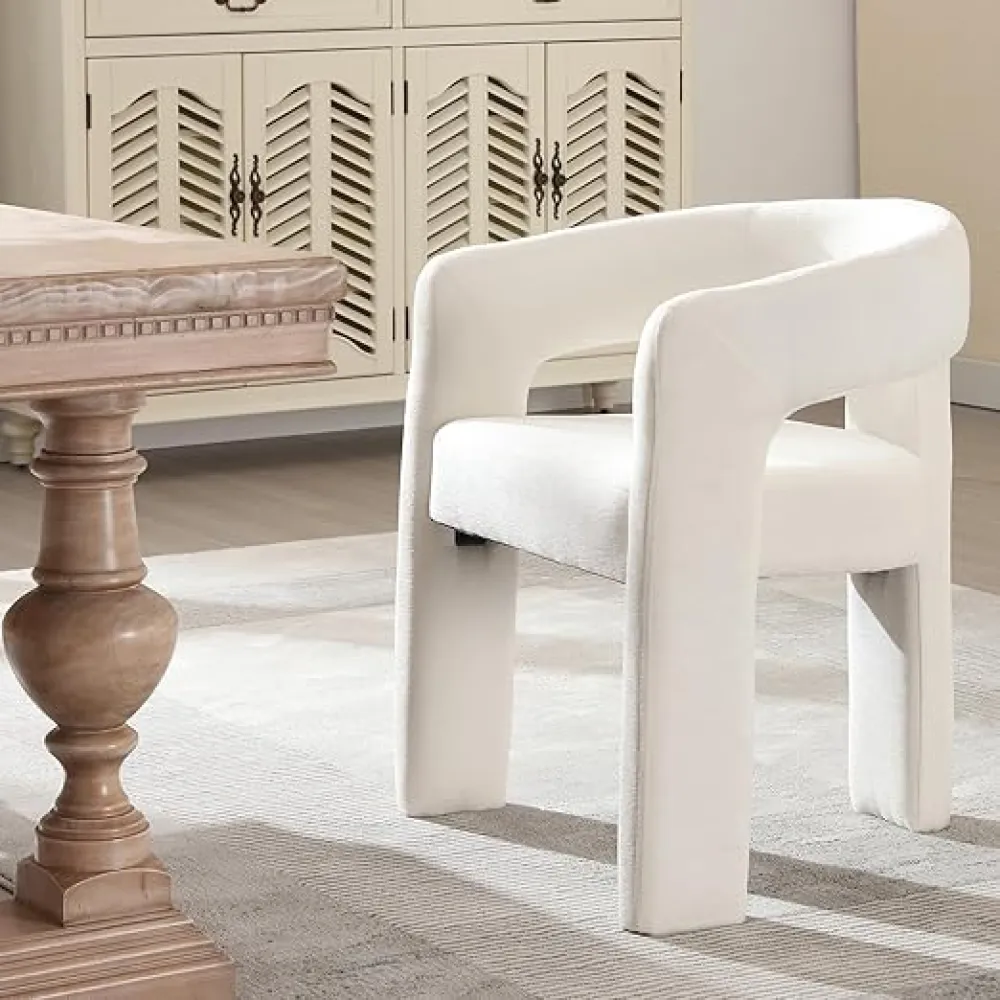 Chenille Upholstered Dining Chair Modern Barrel Dining Room Chair with Arm Comfy Accent Side Chair for Kitchen Bedroom Living Room Vanity Reception, Beige