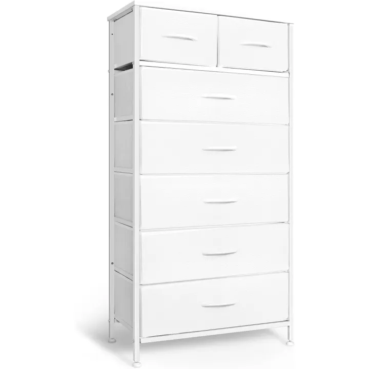 Tall Dresser for Bedroom, Vertical Storage Organizer Tower with 7 Drawers, Chest of Drawers with Fabric Bins, Steel Frame, Wood Top for Bedroom, Closet, Entryway- White
