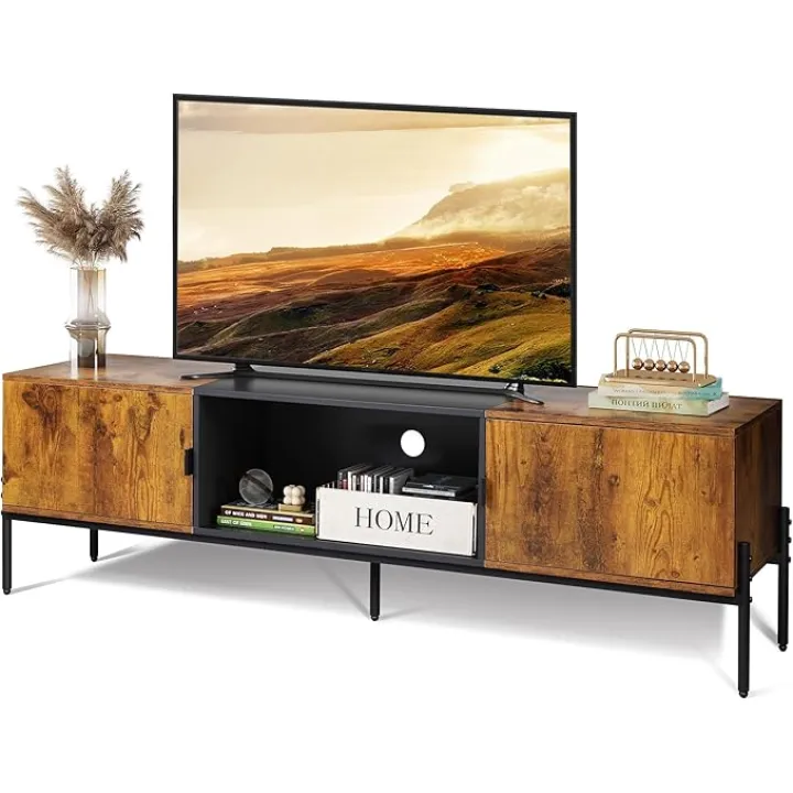 WLIVE Modern TV Stand for 65 Inch TV, Mid Century Entainment Center with Storage, TV Console with Open Shelf and 2 Cabinets for Bedroom and Living Room, TV Cabinet with Metal Legs, Rustic Brown