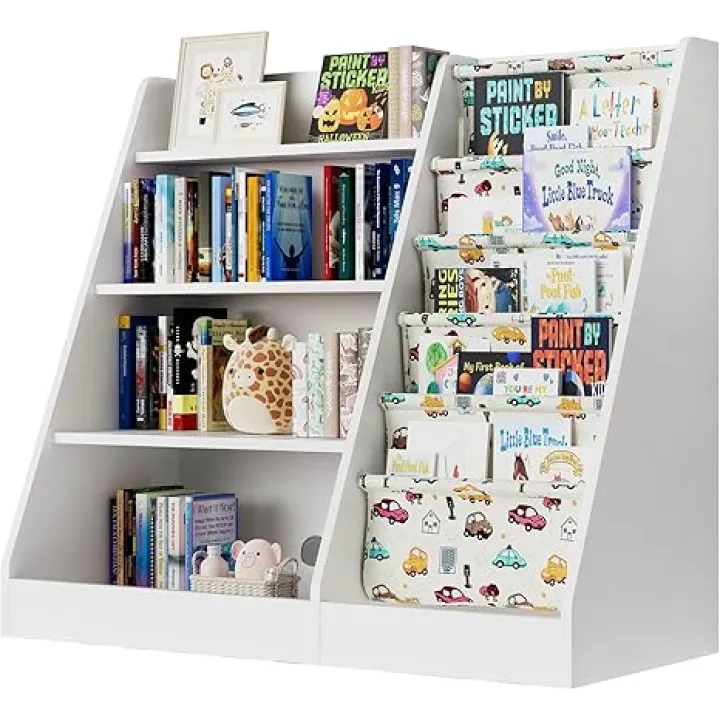 4 Tier Kids Wooden Bookshelf,Five Layer Sling Bookcase,Baby Storage Book Rack,Kids Book and Toy Organizer Cabinet Chest,Infant Book Display,Playroom Kids Room Classroom Nursery Bedroom