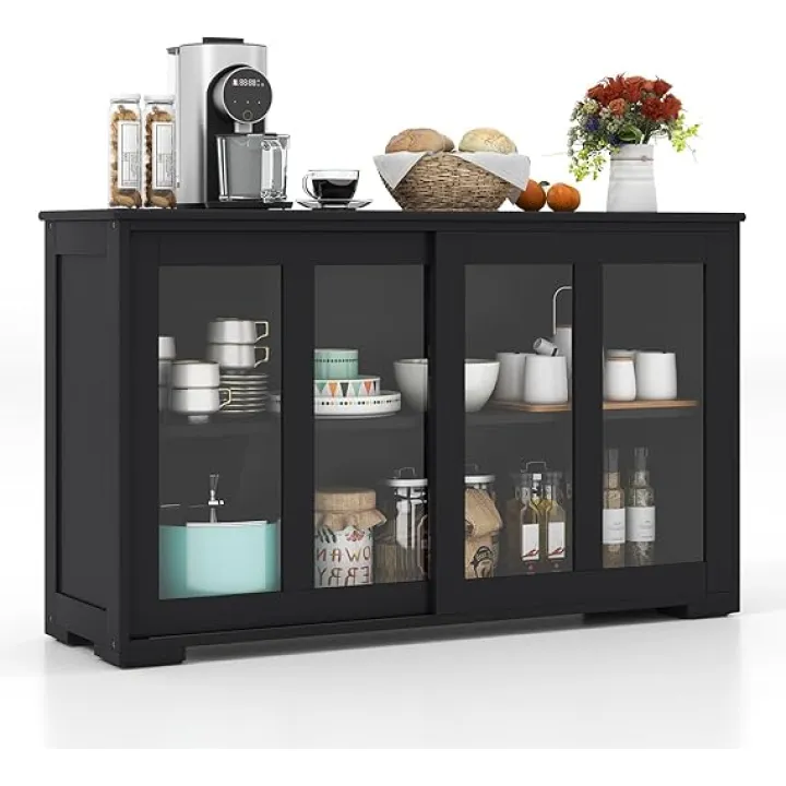 COSTWAY Buffet Sideboard with Storage, 2-Door Floor Cupboard with Sliding Tempered Glass Cabinet & Adjustable Shelf, Stackable Storage Cabinet for Kitchen, Entryway (Black)