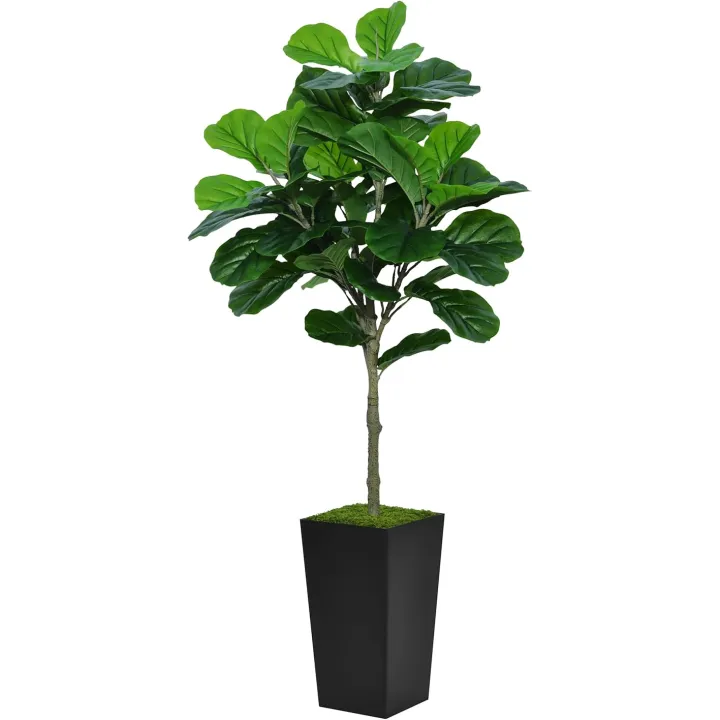 Fiddle Leaf Fig Tree Artificial 5FT - Faux Plant With Black Tall Planter - Fake Ficus Lyrata Floor Plant in Pot for Home Office Living Room Decor Indoor