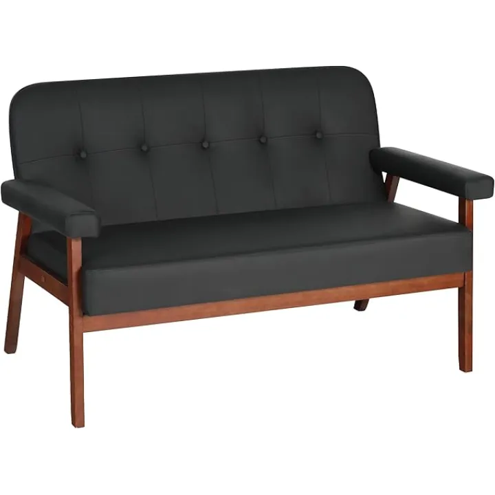 STHOUYN 50”W Black Faux Leather Small Office Couch Loveseat Sofa with Wood Arms, Mid Century Modern Love Seat Sofas Lounge Armchair Living Room Bedroom (Black (loveseat))