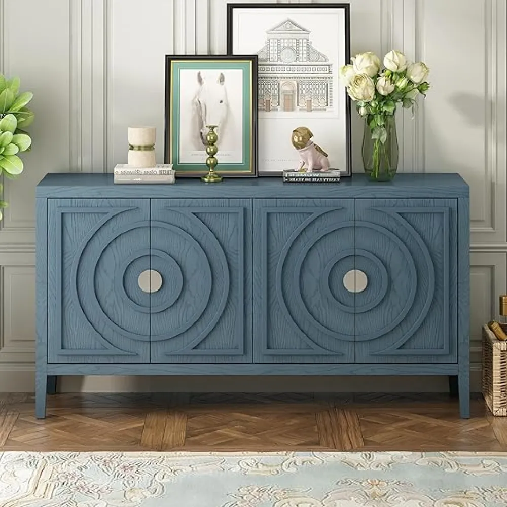 Bellemave Accent Storage Sideboard with Circular Groove Design and Round Metal Handle - Wooden Buffet Retro Entryway Cabinet for Living Room & Dining Room (Antique Blue)