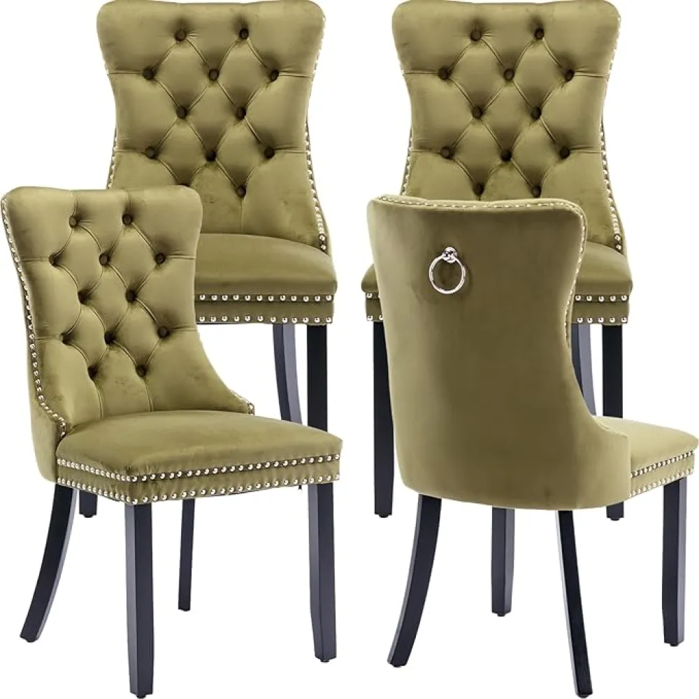 Green Velvet Dining Chairs Set of 4, Kitchen & Dining Room Chairs Set of 4, Tufted Dining Chairs, Velvet Upholstered, Solid Wood Frame (Olive Green)