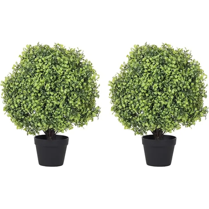 THE BLOOM TIMES 2ft Boxwood Topiary Ball Trees Artificial Outdoor Set of 2, 24" Faux Evergreen Plants Outside UV Resistant Greenery, Fake Potted Bushes and Shrubs for Front Porch Planter Patio Decor