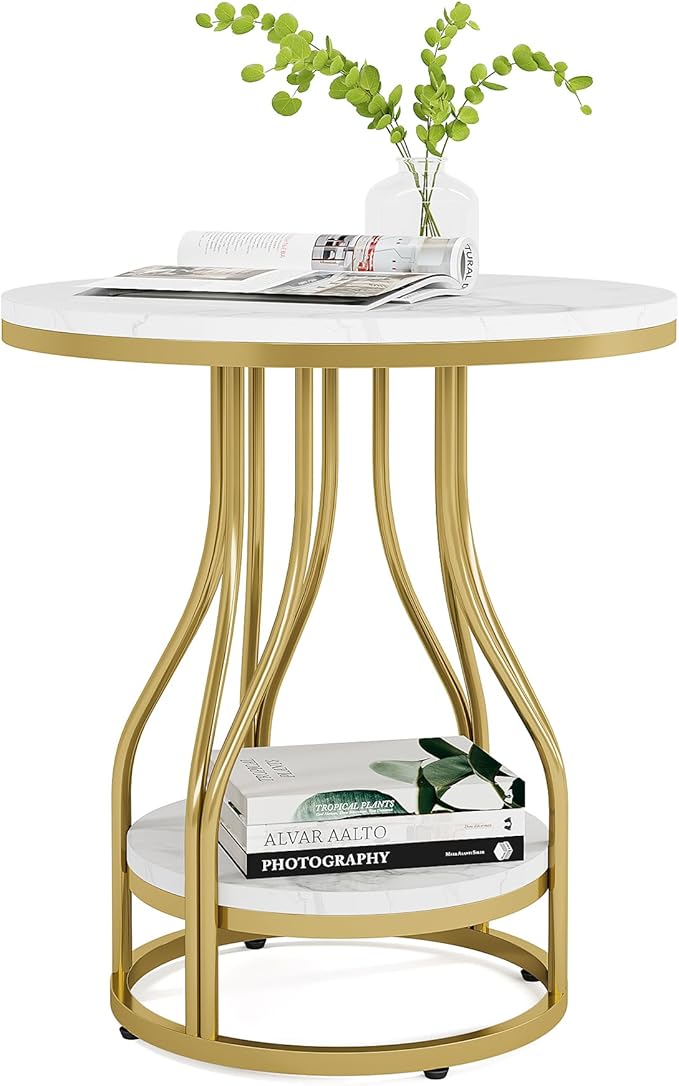 LITTLE TREE Round Side Table 2-Tier End Table, Modern Bedside Table Small Side Table with Storage for Couch Side, Sofa Side Table with Metal Frame for Living Room,Faux Marble White Gold