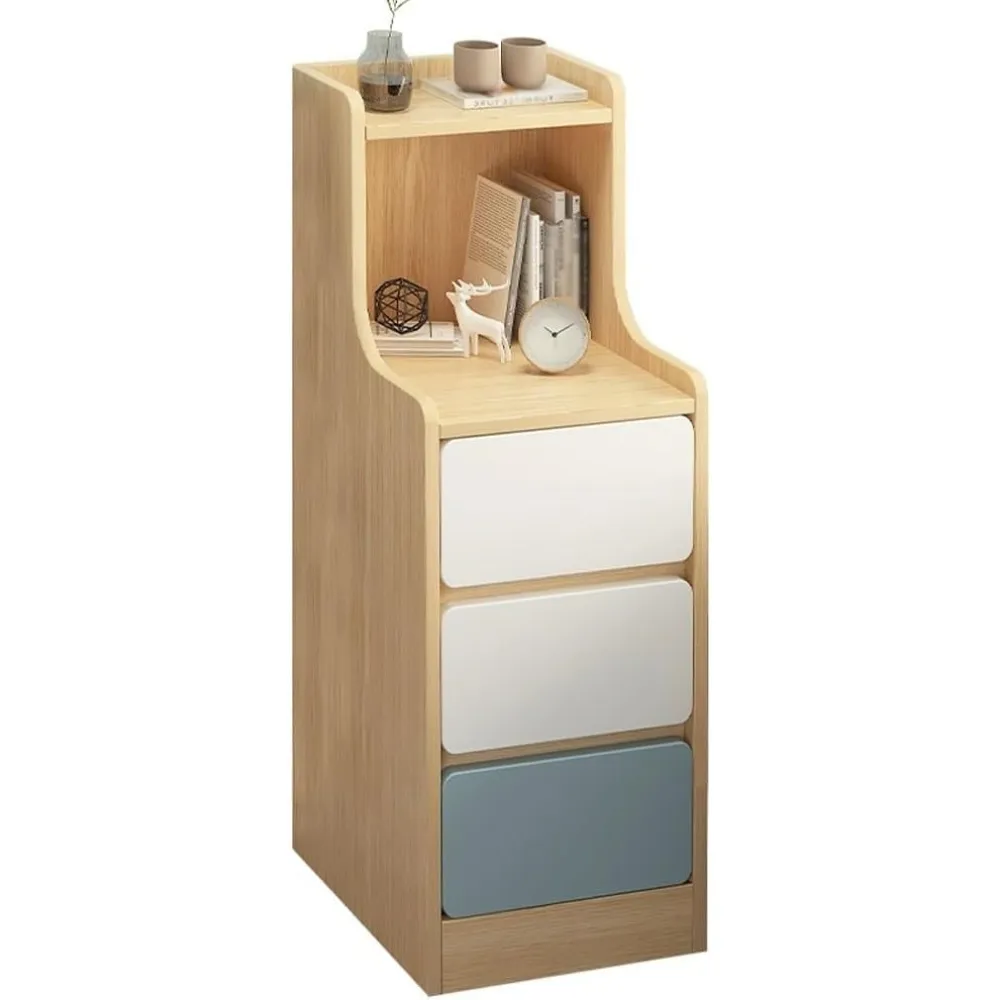 DHAEY Nightstands Nightstand Bedside Table with 3 Drawers and Heightened Open Shelf,Night Table for Bedroom Storage Wooden Night Stand Bedside Table