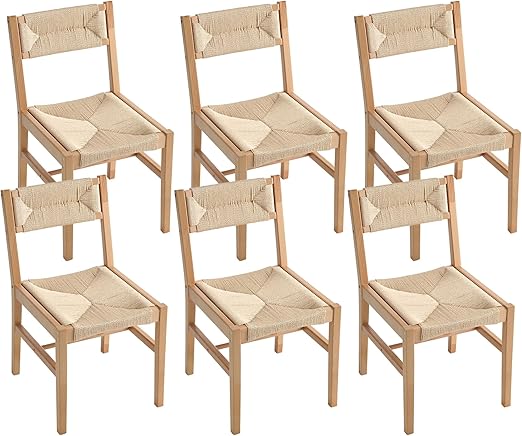 VESCASA Wooden Dining Chairs with Beige Paper Rope Weave Backrest and Seat, Rattan Indoor Armless Kitchen Chairs, Set of 6, Natural Beechwood Frame
