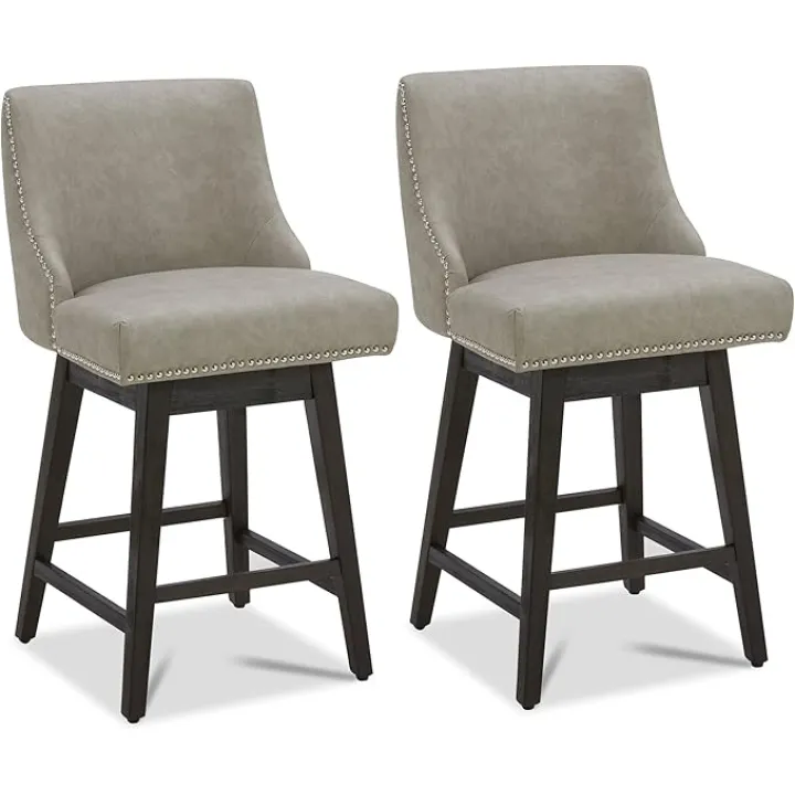 CHITA Counter Height Swivel Barstools, FSC Certified 26" H Seat Height Upholstered Bar Stools Set of 2, Faux Leather in Stone Grey