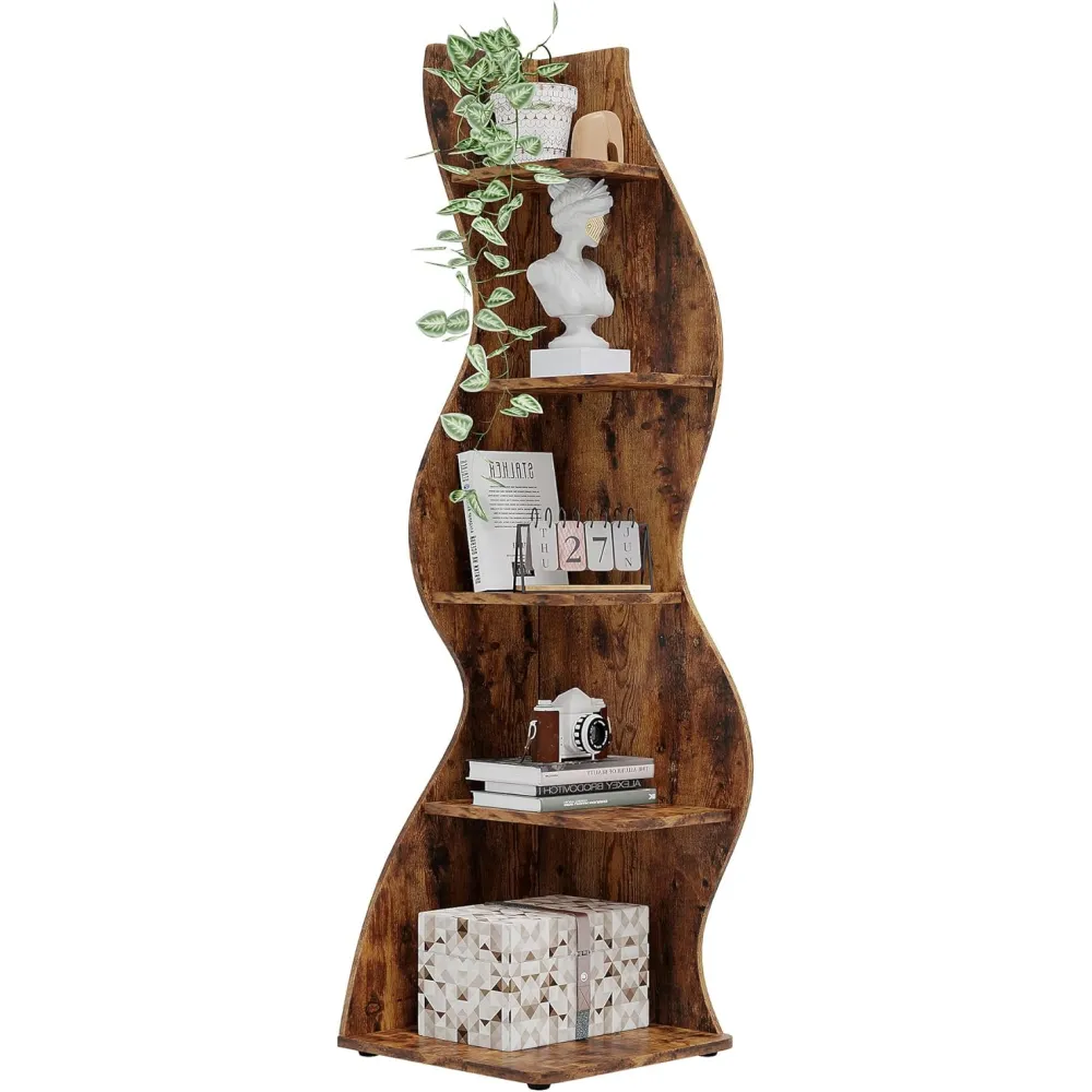 Tribesigns Corner Shelf, Rustic 5-Tier Wall Corner Bookshelf, Stylish Corner Small Bookcase Storage Rack Plant Stand with Unique Shape for Living Room, Home Office (1PC, Brown)
