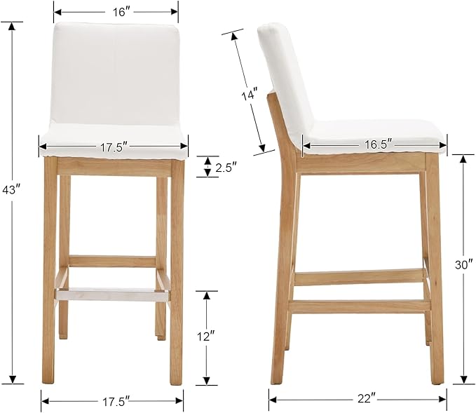 Wood Bar Stools Set of 2, Mid-Century Modern 30" Bar Height Stool with Back & Footrest Comfy Linen Fabric Barstool Upholstered Chairs for Home Bar/Kitchen Island/Restaurant, Khaki Stripe