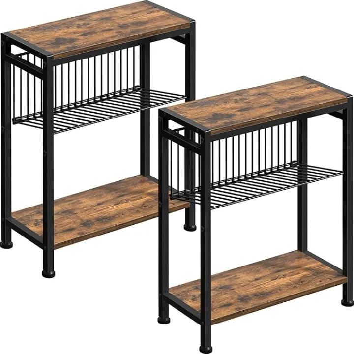 Small Side Table Set of 2 for Small Space, 3-Tier Narrow End Table with Magazine Holder, Slim Nightstand, Skinny Snack Couch Table in Living Room, Bedroom and Balcony (Rustic Brown &Black)