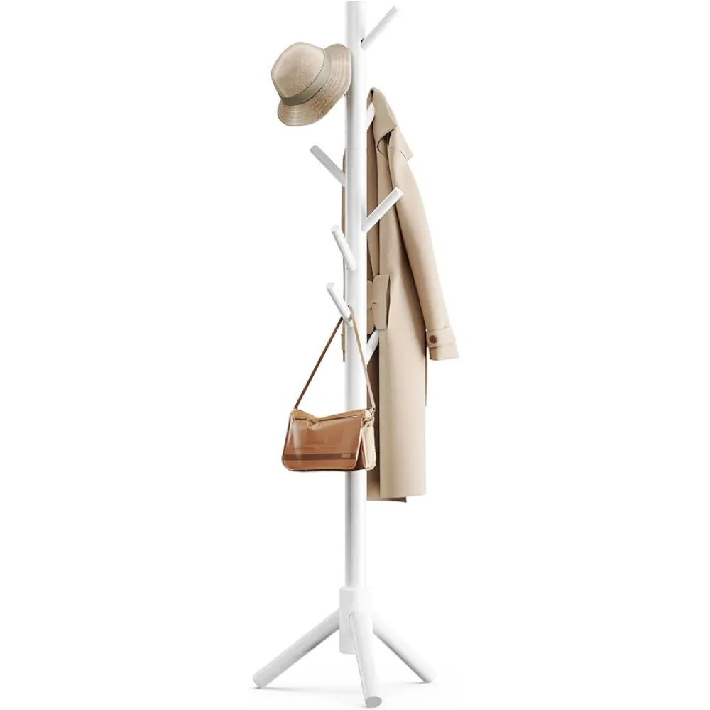 Pipishell Sturdy Wooden Coat Stand, 3 Adjustable Sizes Coat Tree with 8 Hooks, Coat Stands for Hallway Entryway, Hat Stand for Clothes, Used in Bedroom/Office/Hallway/Entryway, White