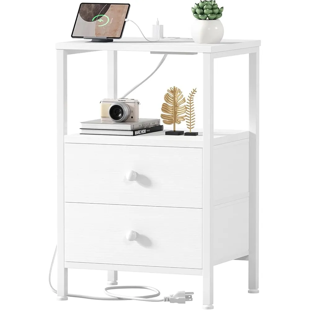 White Night Stand with Charging Station and USB Ports, Small Nightstand with Drawers and Shelf Storage End Table for Bedroom, Dorm, Modern Bedside Table