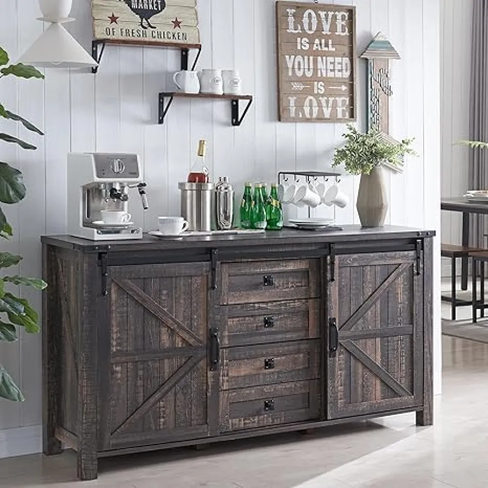 T4TREAM Farmhouse Sideboard Buffet Cabinet with Storage, 60" Large Kitchen Cabinet w/Sliding Barn Doors and 4 Drawers, 31.2'' Tall Rustic Wood Coffee Bar Table for Dining Room, Dark Rustic Oak