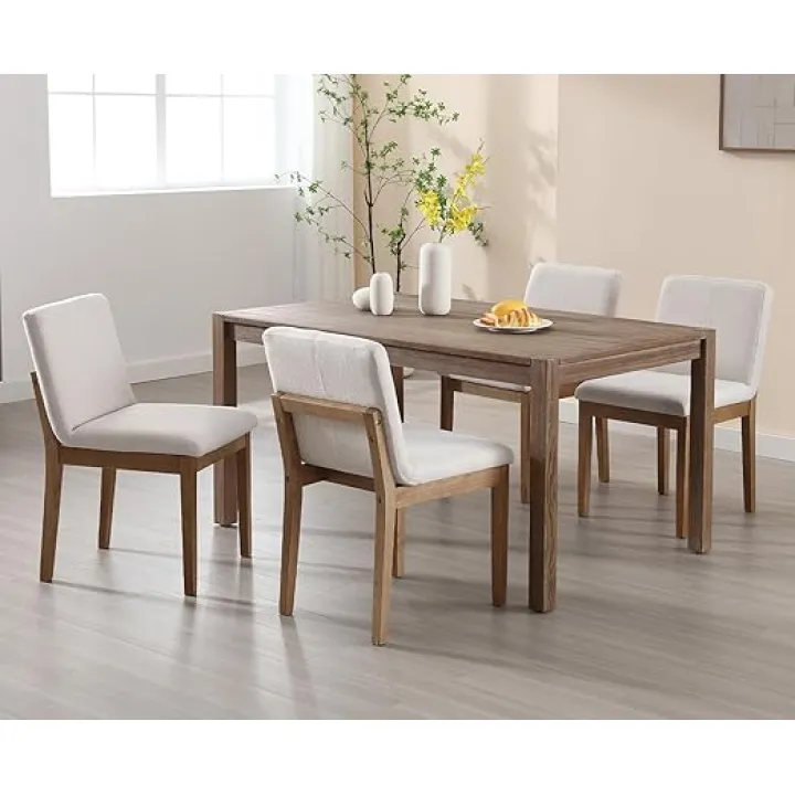 Kmax Modern Dining Chairs Set of 4, Upholstered Armless Wood Chairs Linen Fabric Side Chairs for Dining Room, Kitchen - Beige