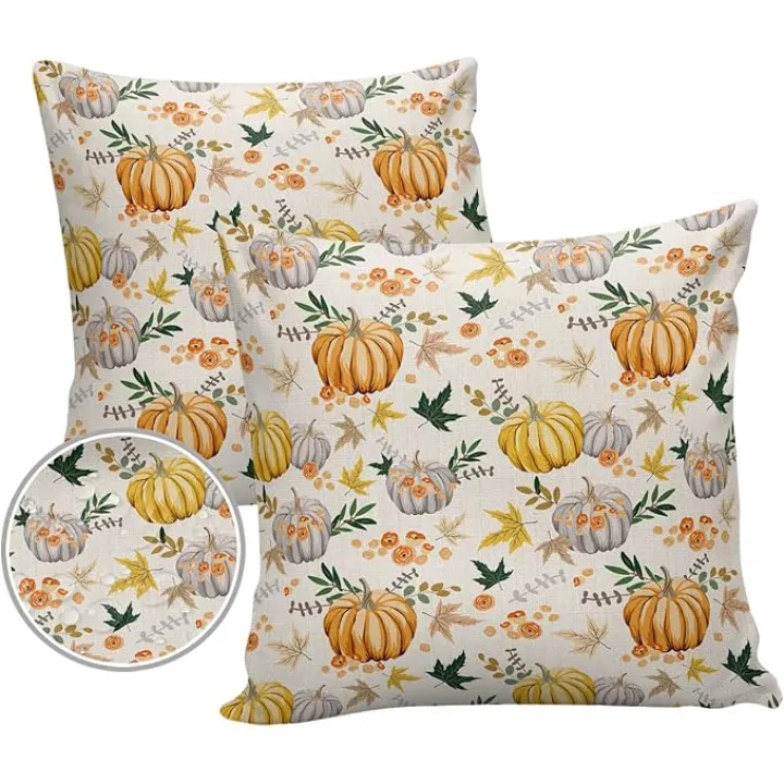 Autumn Thanksgiving Day Outdoor Waterproof Throw Pillow Cover Fall Pumpkins Retro Leaf Decorative Pillows Cushion Covers Beige Linen 2 Pack Pillow Cases for Patio Garden Balcony Couch Sofa 16x16In