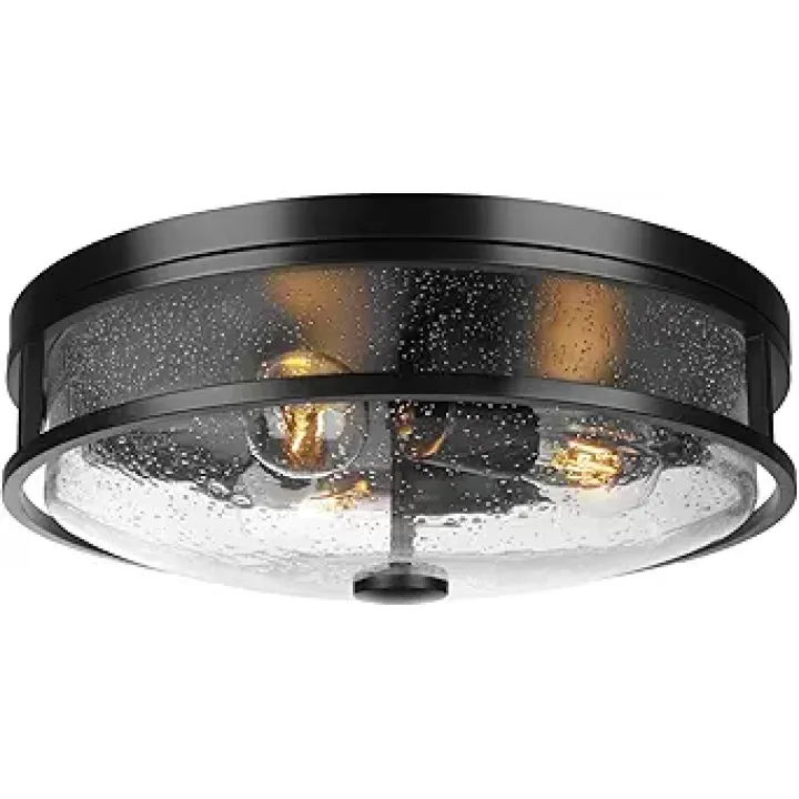 16 Inch Large Flush Mount Ceiling Light Fixture with Seeded Glass, Black Round Ceiling Lamp Shade, Modern Farmhouse Indoor Outdoor Ceiling Lighting for Kitchen Dining Living Room Foyer