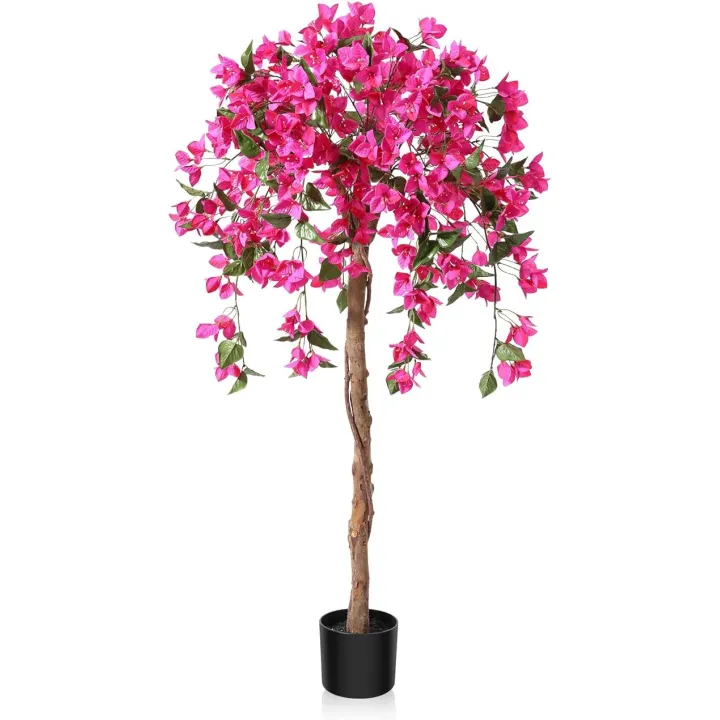 4FT Artificial Tree Tall Potted Fake Bougainvillea Trees for Outdoor Indoor Office Wedding Home Decor Lifelike Faux Plants with Wood Trunk and Pink Flowers