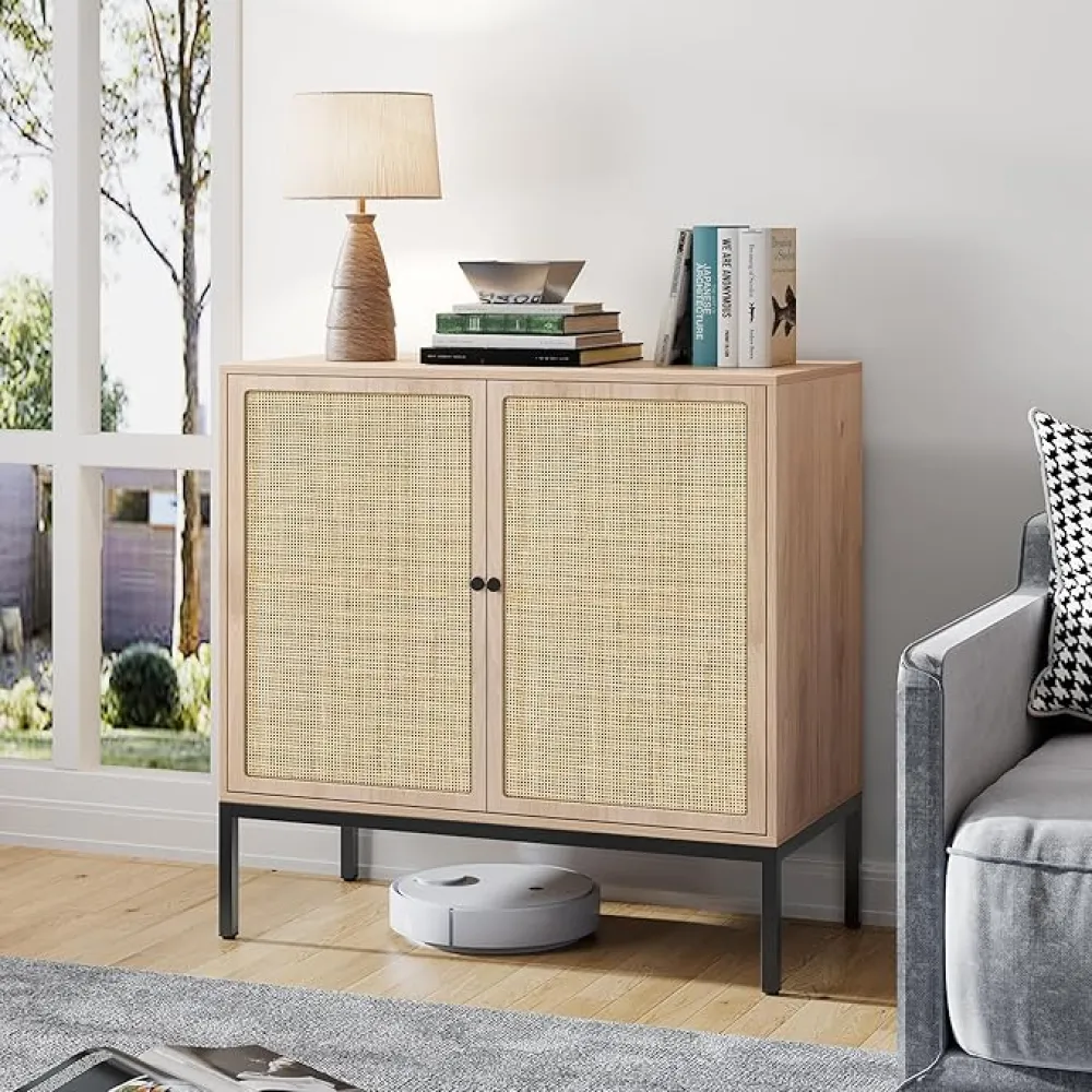Brafab Sideboard Buffet Cabinet with Natural Rattan Decorated Doors, Rattan Cabinet Accent Console Storage Table, Boho Credenza for Living Room, Entryway, Dining Room/Square Doors/Natual
