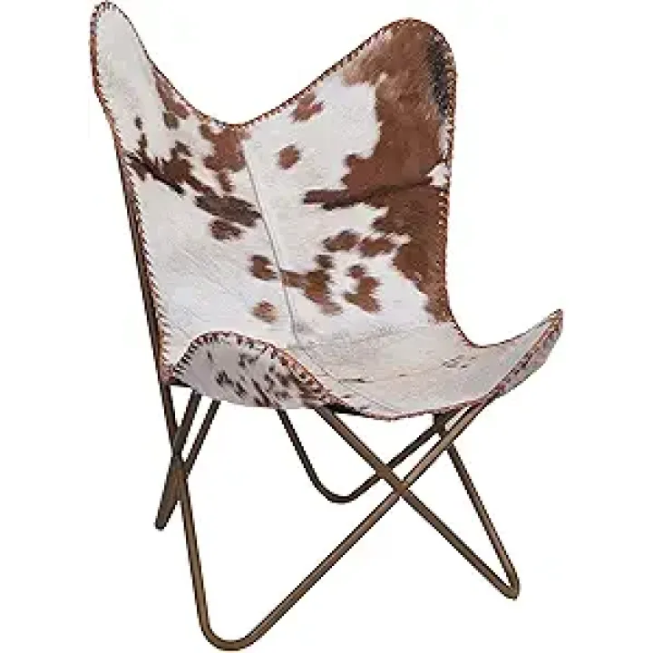 cuero Handmade Leather Butterfly Chair Living Room - Side Hand Stich Leather Chair Butterfly (Tan White)