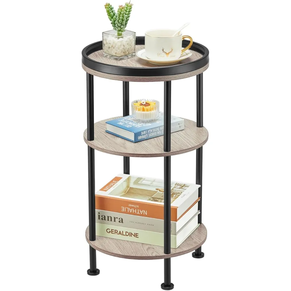 Small Round Side Table for Small Spaces, 3-Tier Round Accent Table Slim Side Table, Modern Sofa Corner Table for Living Room Nightstand Bedroom (Rustic Brown)