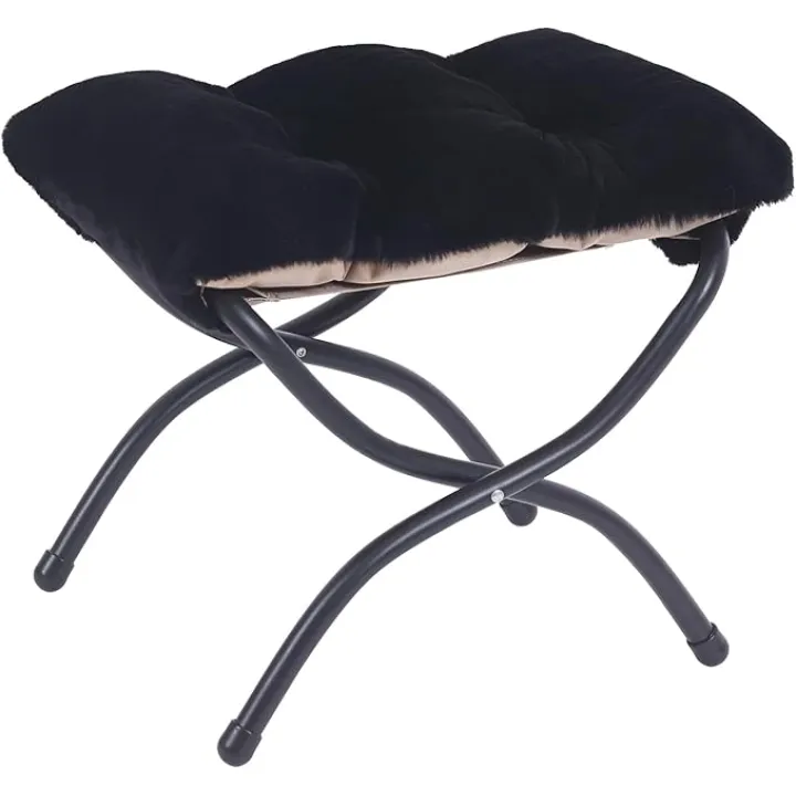 LITA Folding Upholstered Footrest Stool, Modern Small Portable Accent Ottoman with Detachable Thick Cotton Cushion Padded Sofa Stool with Metal Frame for Lazy Chair, Living Room & Bedroom, Plush Black